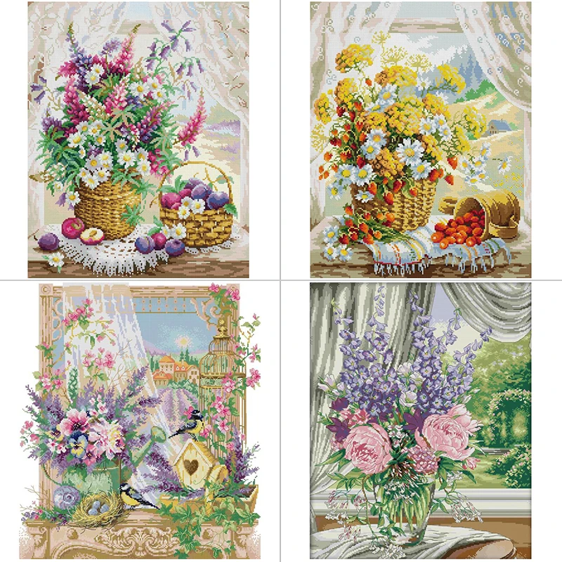 Textile Sewing Patterns - 窓枠フラワーバスケット花柄クロスステッチアイーダ 14ct 16ct 11ct スタンプ生地縫製キット DIY
