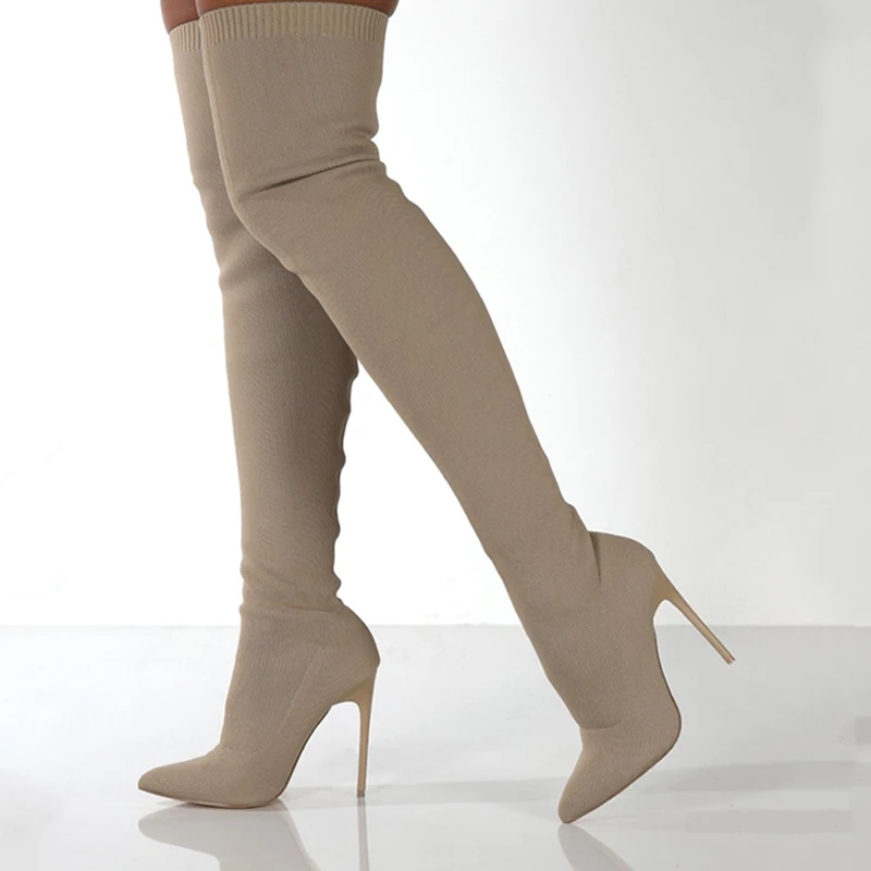 Sewing Knit - レディース秋ニーハイブーツスティレットハイヒールスリッポン伸縮性ニットチューブシューズベージュブラックレトロセクシーボタフェミニナ2025