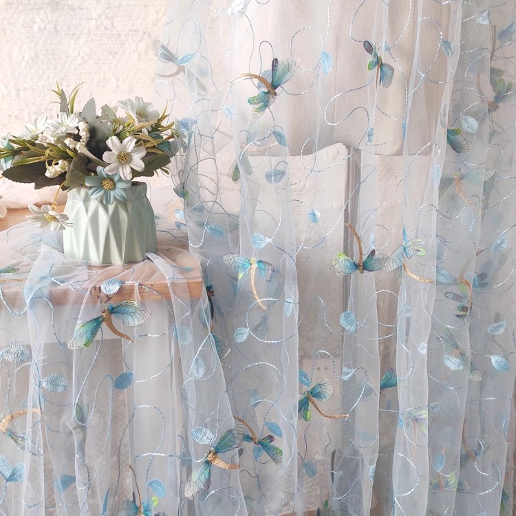 Sewing Embroidery Fabric - 1 ヤードブルーピンクメッシュ生地立体刺繍縫製ウェディングドレス、素材用チャイナドレス生地