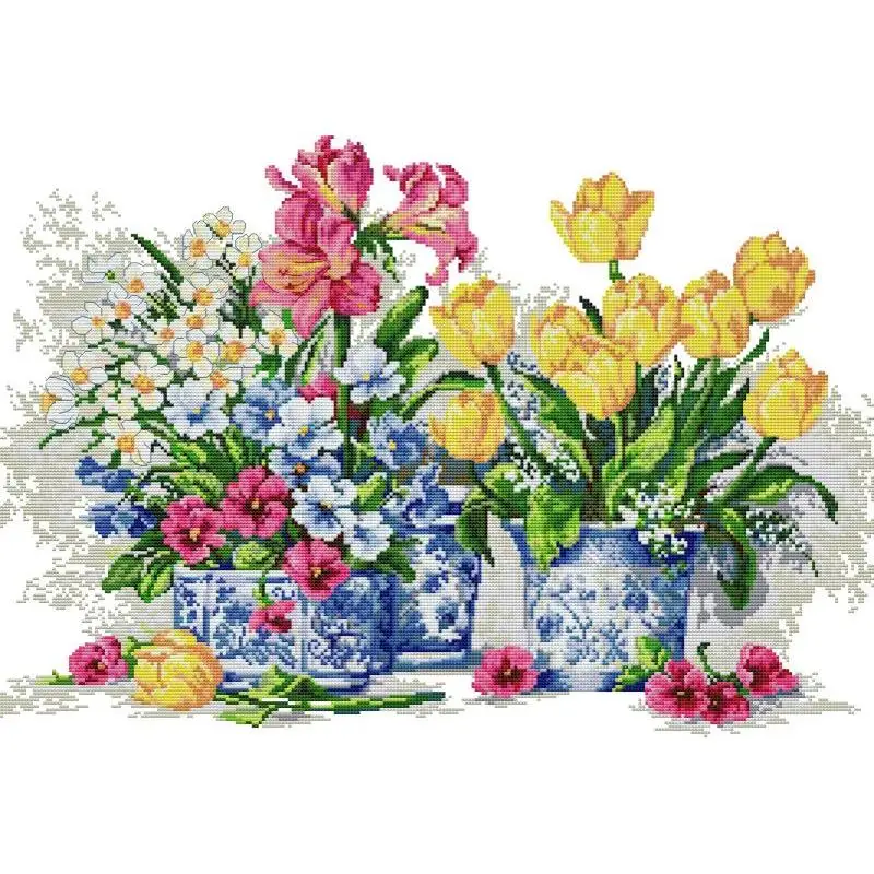 Textile Sewing Patterns - DIY花柄刺繍キット、鉢植えの花、nkf、カウントされたクロスステッチ、ida 14、16、11カラット、キャンバスプリント生地、針仕事セット
