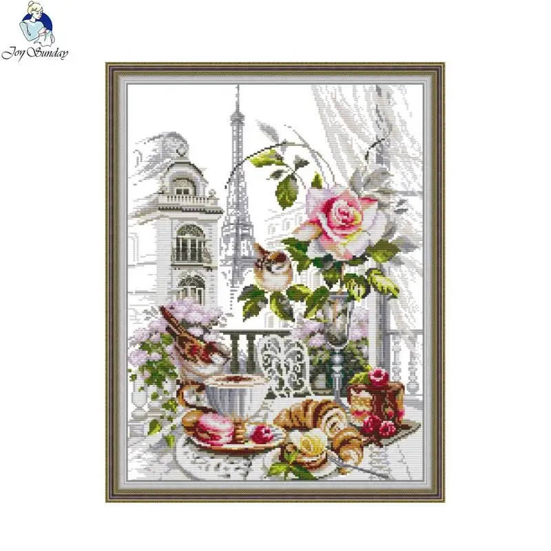Textile Sewing Patterns - ジョイサンデイプリントクロスステッチキットDIYフレンチ朝食と花柄aida14ct 11kカウント白い生地刺繍キットギフト