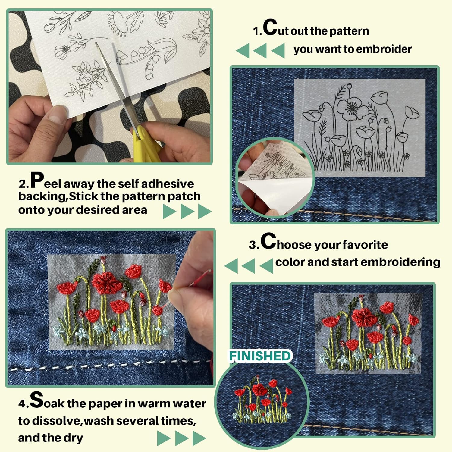 水溶性安定剤入り刺繍パターンフラワー、スティックアンドステッ - Textile Sewing Patterns のレビューと価格