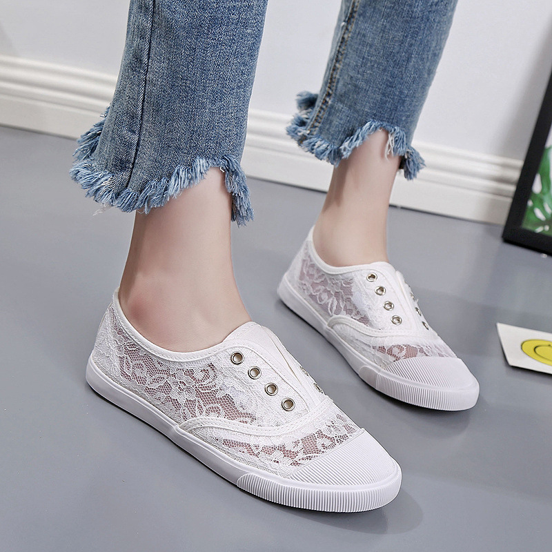 ファッションレースホワイトキャンバスシューズ女性夏フラット中 - Sewing Garment のレビューと価格